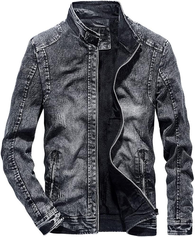 CHARTOU Men Casual Distressed Fleece Lined Denim Jacket Motorcycle Full Zip Up Jean Jacket