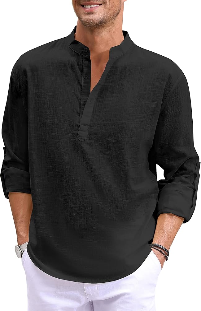 Boisouey Men's Cotton Linen Henley Shirt Long Sleeve Hippie Casual Beach T Shirts