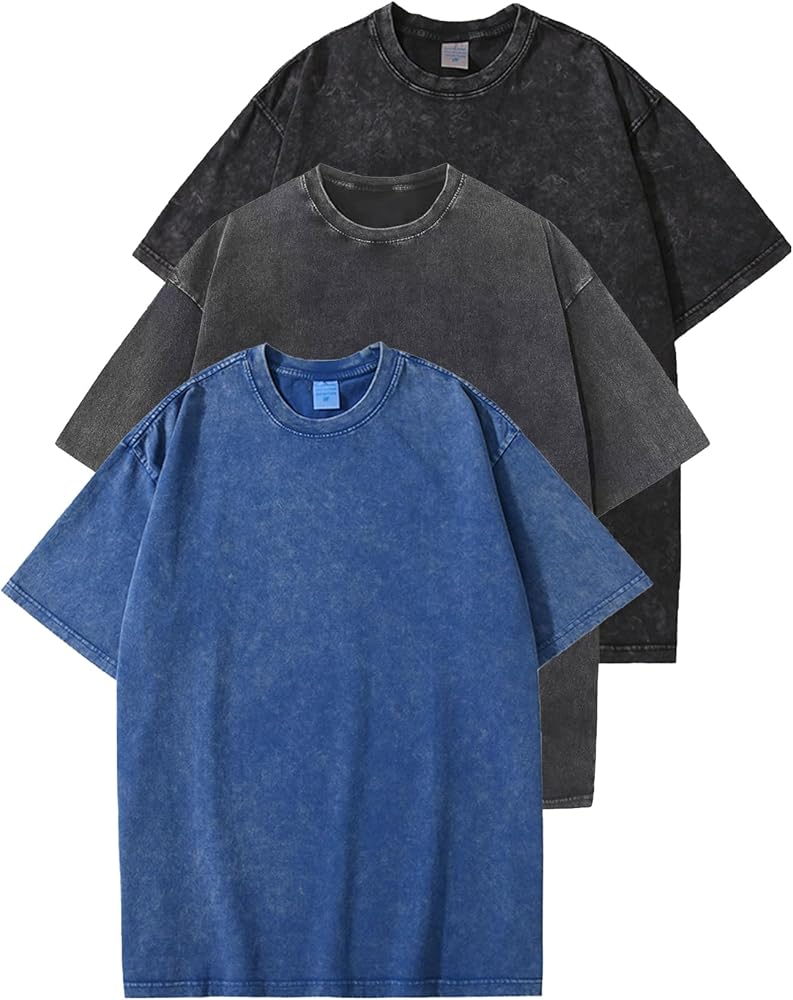 Flygo 3 Pack Men's Oversized T-Shirts Vintage 280G Heavy Cotton Streetwear Short Sleeve Solid Basic Tee Acid Washed Tops