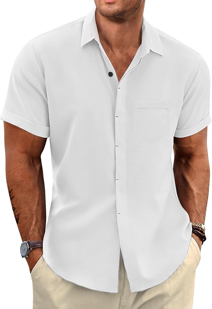 Men's Cotton Linen Short Sleeve Shirts Casual Lightweight Button Down Summer Beach Tops with Pocket