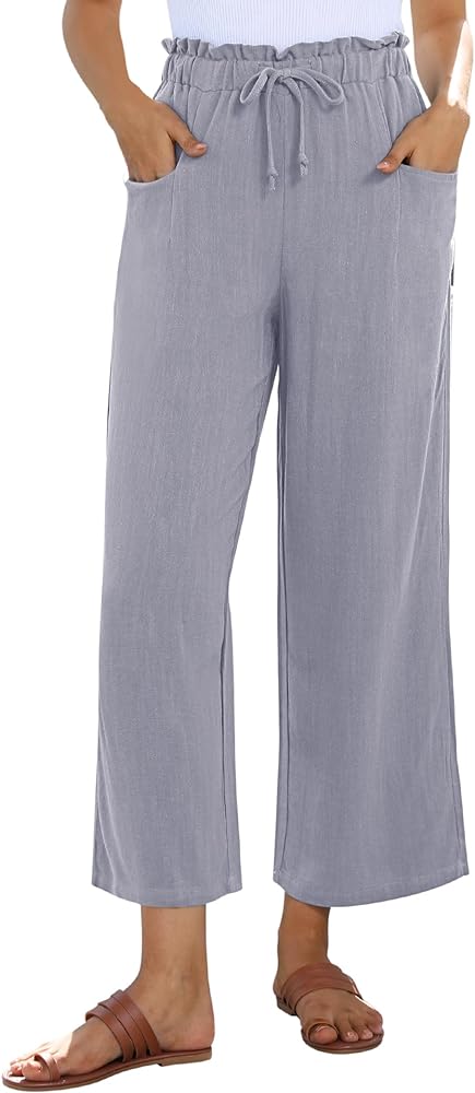 siliteelon Wide Leg Linen Pants for Women Summer Capri Palazzo Flowy Pants Casual Loose High Waist Linen Pants with Pockets