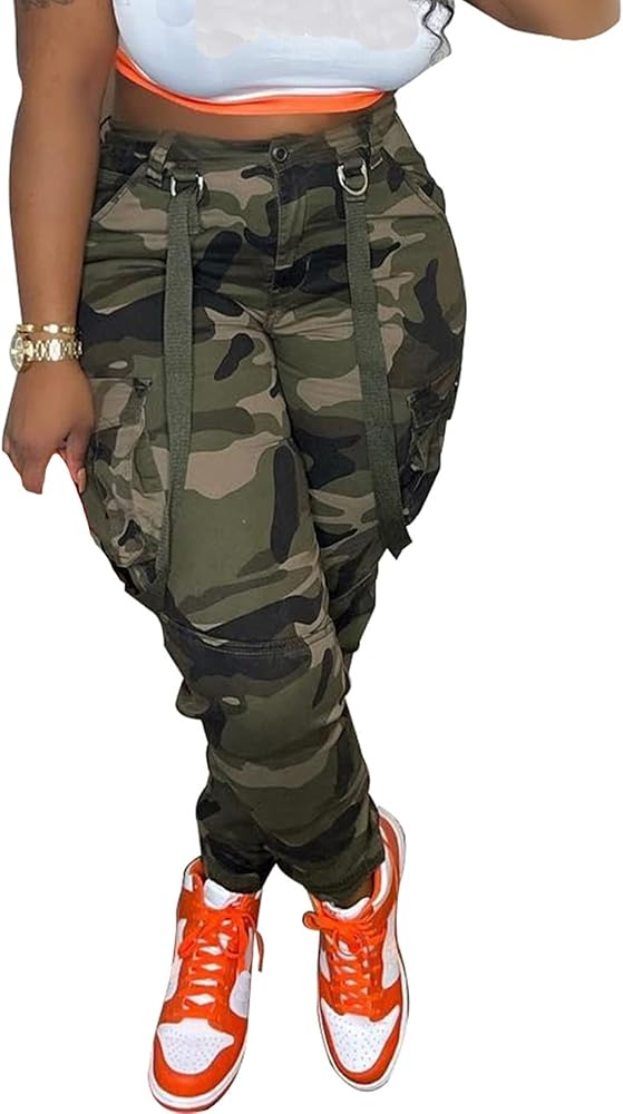 Vakkest Womens Camo Cargo Pants Army Fatigue Jogger Camouflage High Waist Trouser Clubwear Y2K Sweatpants with Belt