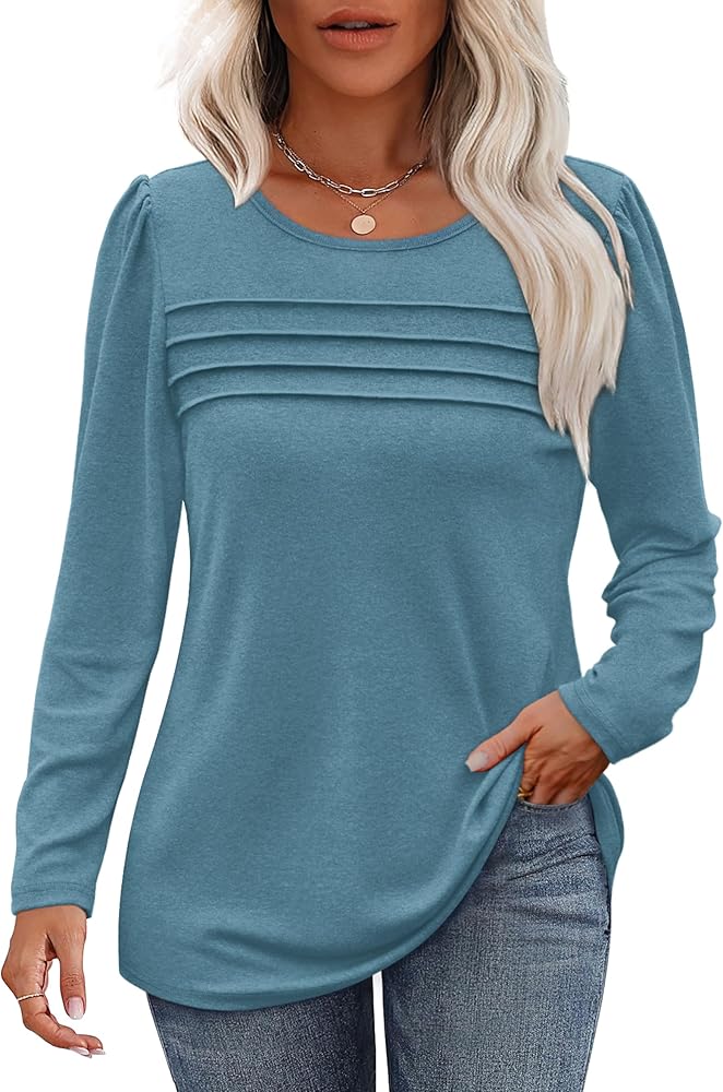 OFEEFAN Long Sleeve Shirts for Women Fall Fashion 2024 Dressy Casual Blouses Trendy Pleated Tunic Tops for Leggings