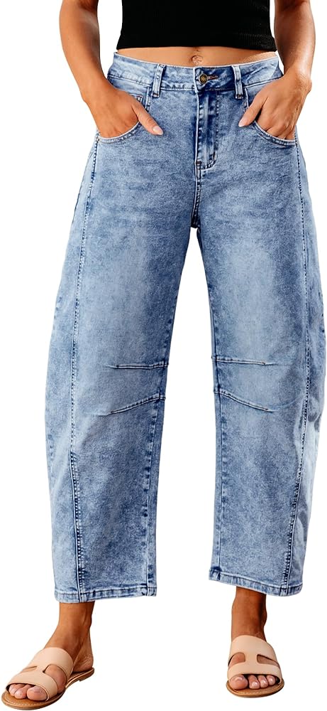 GRAPENT Barrel Jeans for Women Trendy High Waisted Wide Leg Baggy Cropped Relax Fit Stretch Denim Trouser Ankle Pants