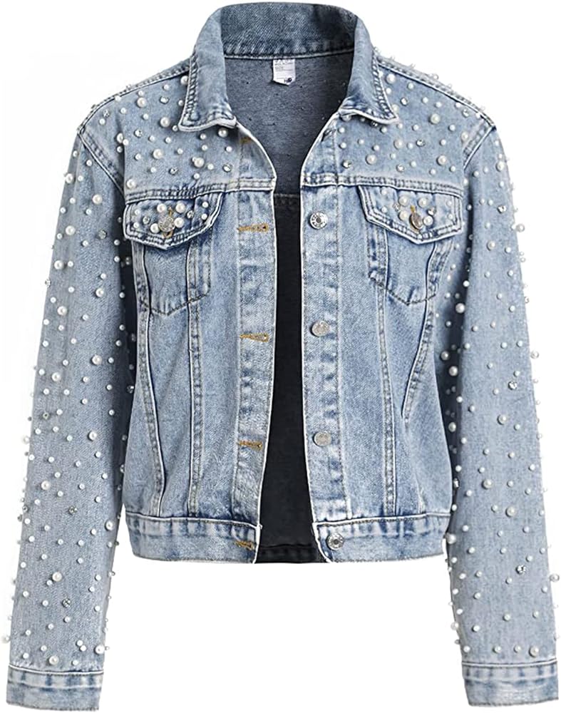 LifeShe Women's Pearls Denim Jacket Cropped Rhinestones Jean Jacket Coat