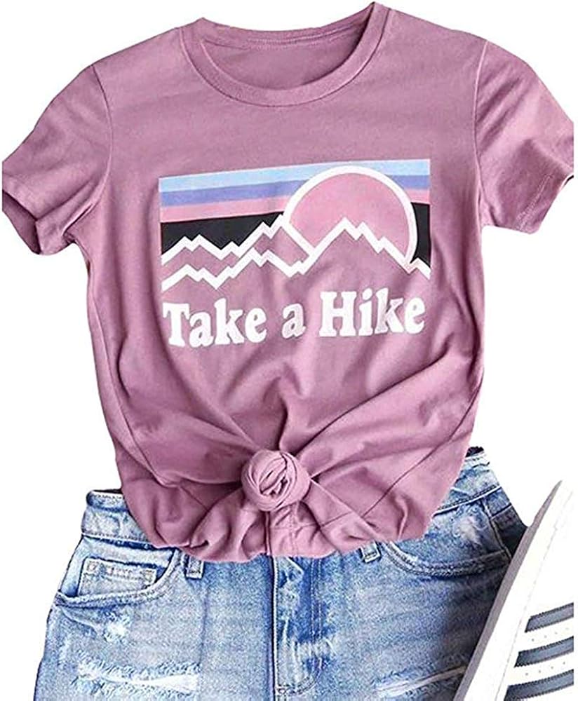 Womens Take A Hike Printed Short Sleeves T-Shirt Casual Camping Hiking Graphic Tee Tops