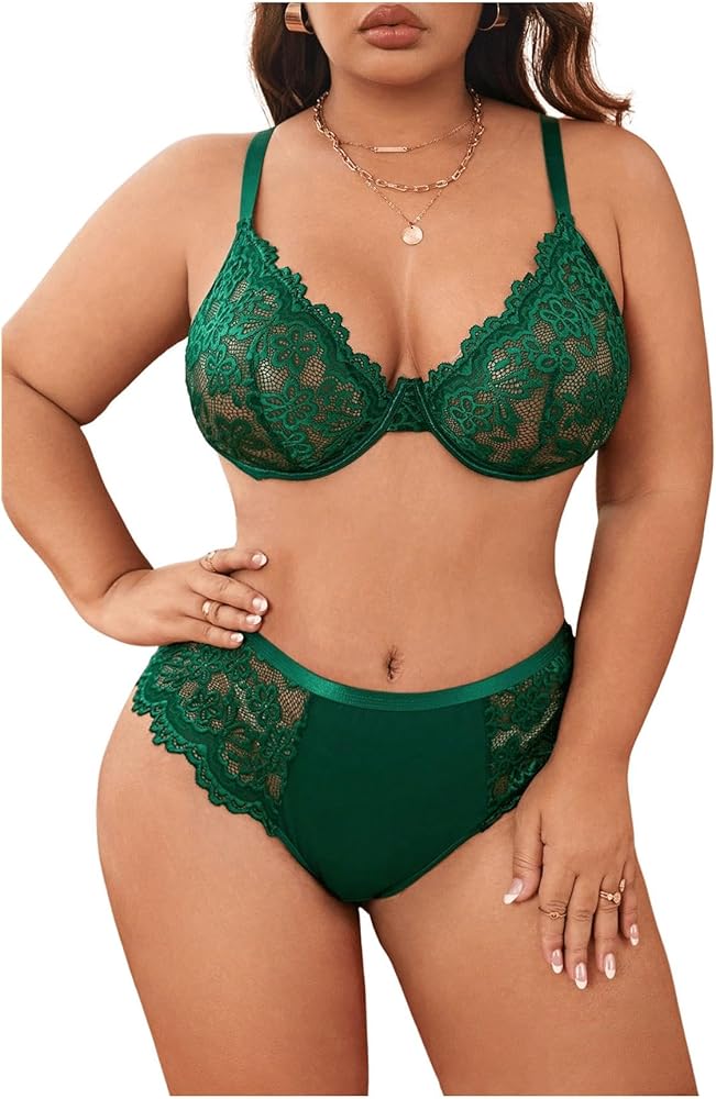 MakeMeChic Women's Plus Size Lace Sexy Lingerie Sets Matching Bra and Panty Set