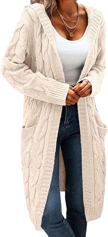 Hooded Open Front Cardigan for Women Cable Knit Sweaters Chunky Pocketed Oversized Knee Length Long Coats