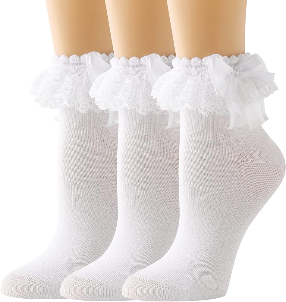 Lace Ruffle Frilly Socks for Women - Lace Ankle Socks with Bow