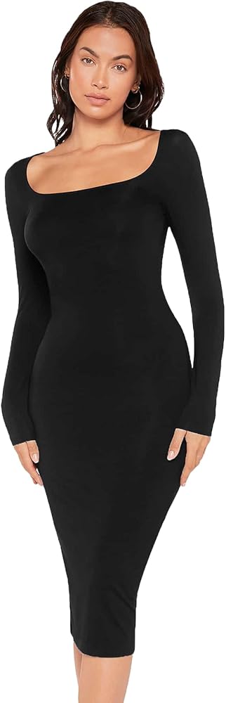 Verdusa Women's Square Neck Long Sleeve Solid Pencil Bodycon Midi Dress