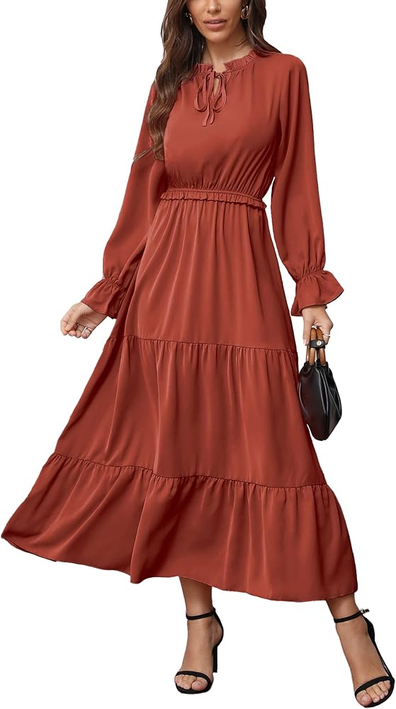 KIRUNDO Women's 2024 Spring Long Sleeve Tie Crew Neck Maxi Dress Casual Empire Waist Boho Ruffle Flowy Long Dresses