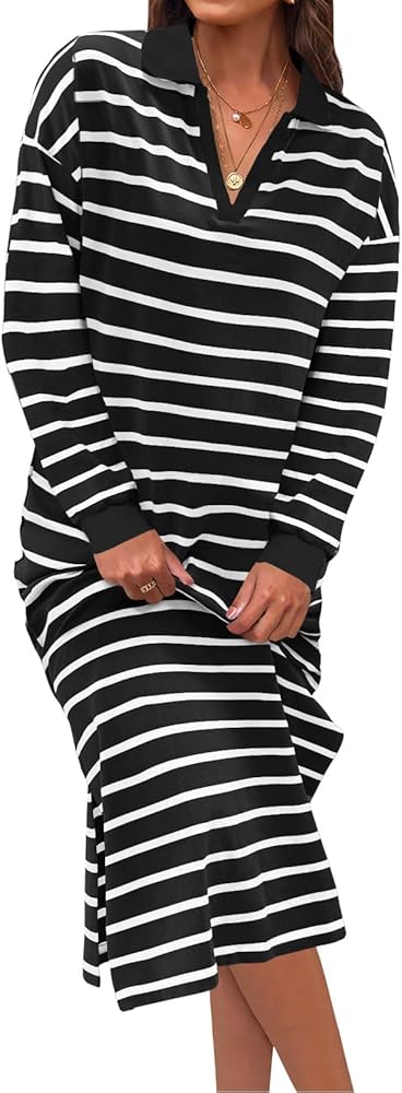 MEROKEETY Women's 2024 Fall Long Sleeve Striped Dress V Neck Collared Side Slit Casual Maxi Dresses