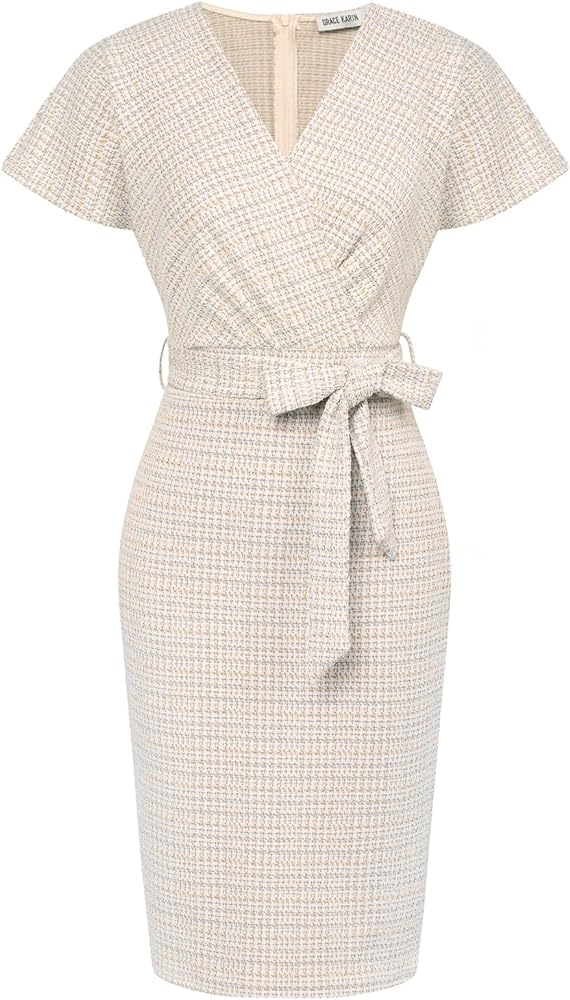 GRACE KARIN Women's Tweed Work Pencil Dress Stretchy Business Office Bodycon Midi Dresses Short Sleeve