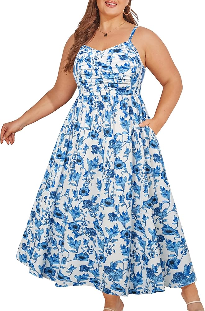 Hanna Nikole Plus Size Floral Maxi Dress Women Sundress with Spaghetti Straps Elegant Ruched Bust with Pocket Vacation Dress