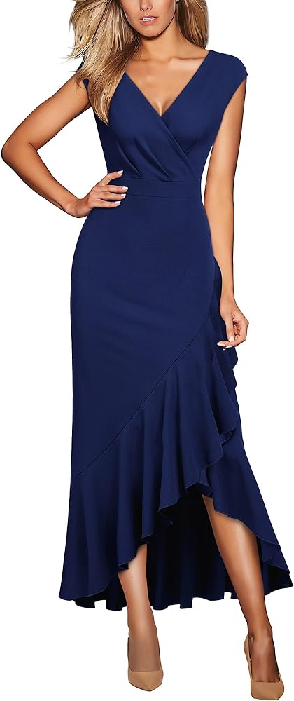 Miusol Women's Elegant V Neck Ruffle Split Style Cocktail Formal Long Dress