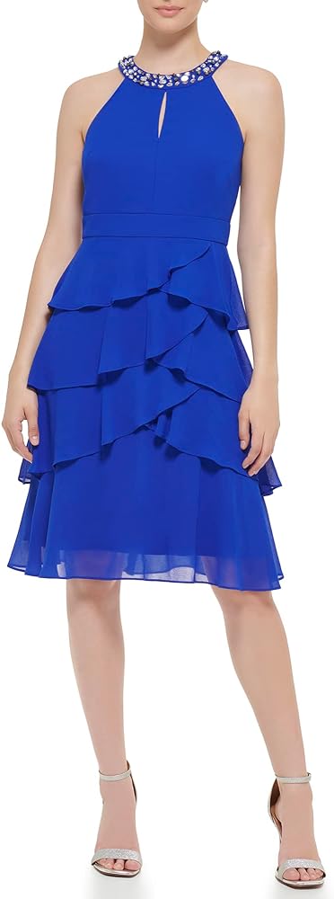 Jessica Howard Women's Chiffon Tiered Sleeveless-Cocktail Or Party