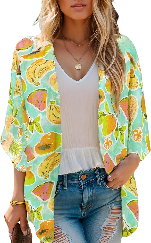 Moss Rose Women's Beach Kimono Coverup Sheer Chiffon Cover Ups, Casual Loose Open Front Cardigan Tops