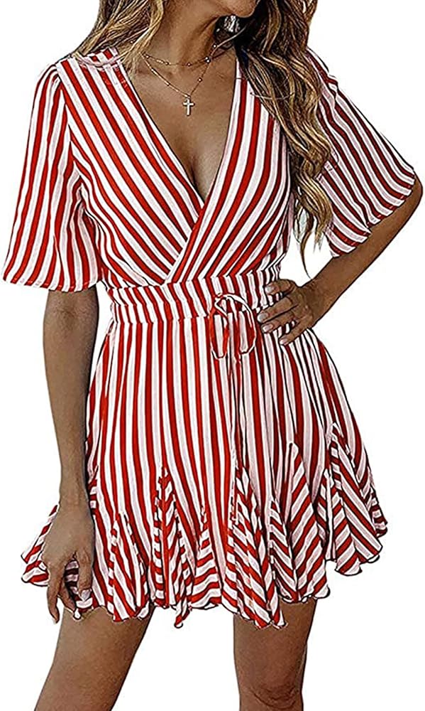 PRETTYGARDEN Women's Casual Summer Striped Dress Short Sleeve Wrap V Neck Ruffle Hem Mini Skater Dresses