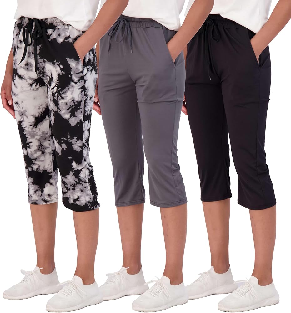 Real Essentials 3-Pack: Women's Capri Open Bottom Soft Sweatpants with Drawstring (Available in Plus Size)