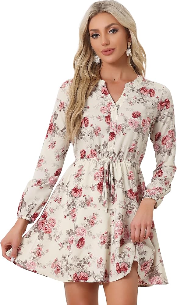 Allegra K Women's Button Front Tie Waist Vintage Long Sleeve Floral Dresses