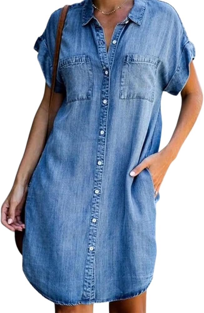 Women's Short Sleeve Denim Shirt Midi Dress Button Down Tunic Jean Dress with Pockets