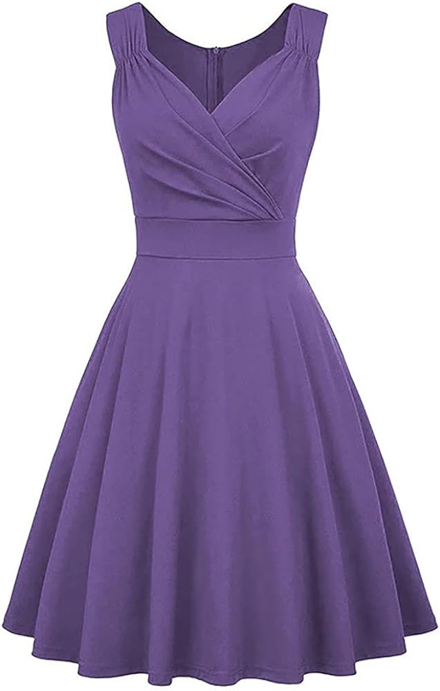 Women 50s 60s Vintage Sleeveless V-Neck Cocktail Swing Dress 1950s Wedding Semi Formal Party Rockabilly Evening Prom Dress