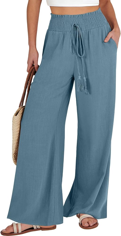 ANRABESS Women's Linen Palazzo Pants Summer Casual Vacation High Waist Wide Leg Trousers Trendy Lounge Pant with Pockets