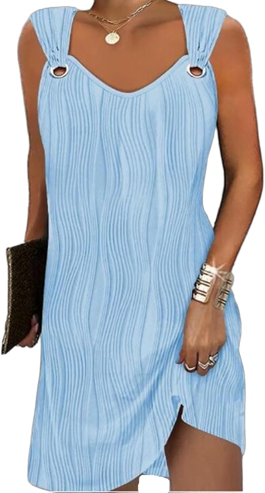 Womens Summer Tank Dress Casual Beach Dresses V Neck Sleeveless Short Sundresses Solid Color Textured Dress