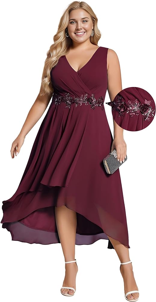 Ever-Pretty Women's Summer Chiffon Sleeveless V Neck Applique Plus Size High Low Formal Wedding Guest Dresses 41926-DA