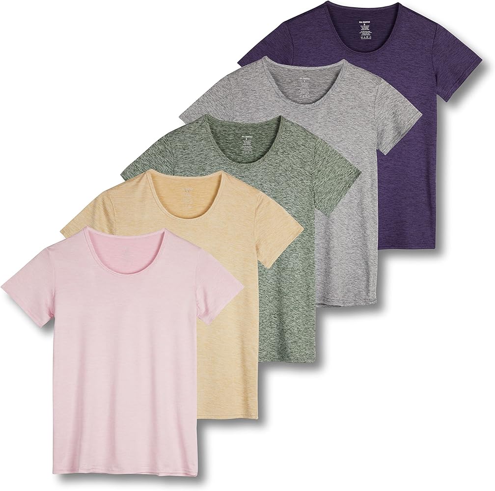 Real Essentials 5 Pack: Women's Dry Fit Tech Stretch Short-Sleeve Crew Neck Athletic T-Shirt (Available in Plus Size)