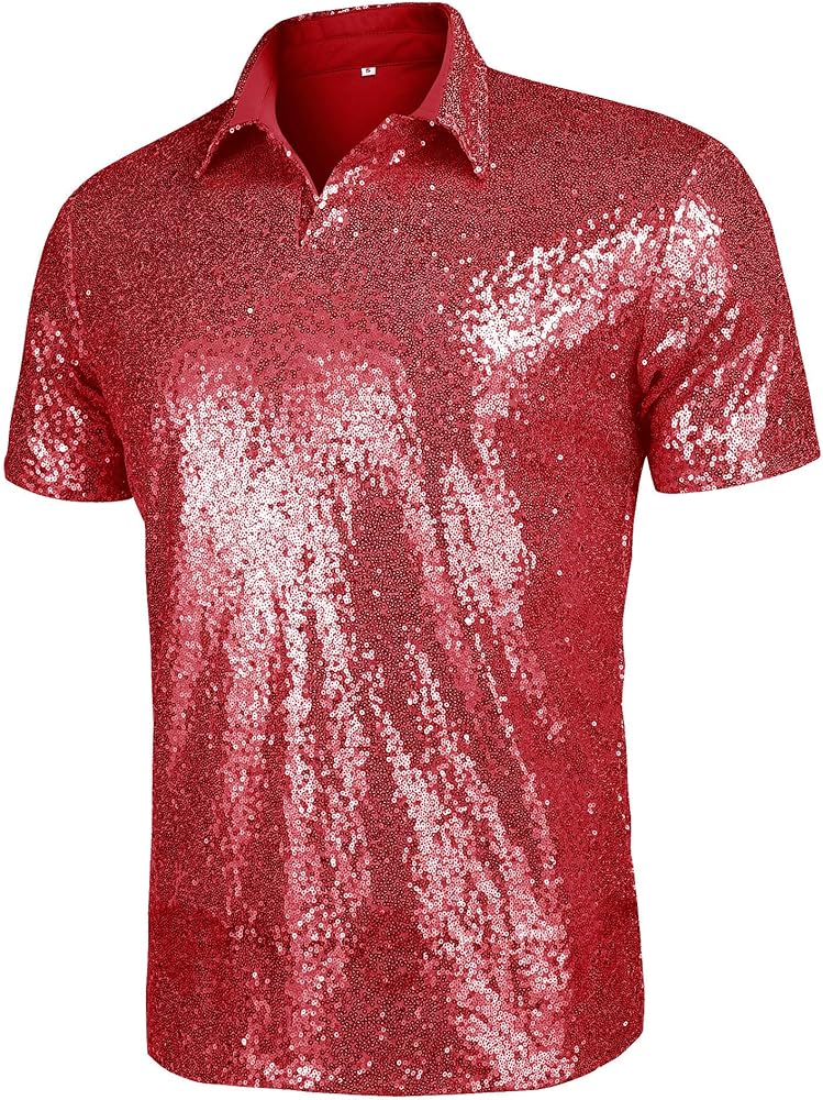 Mens 70s Disco Shiny Sequins Short Sleeve Turndown Sparkle Nightclub Party Polo T-Shirt Tops S-XXXL