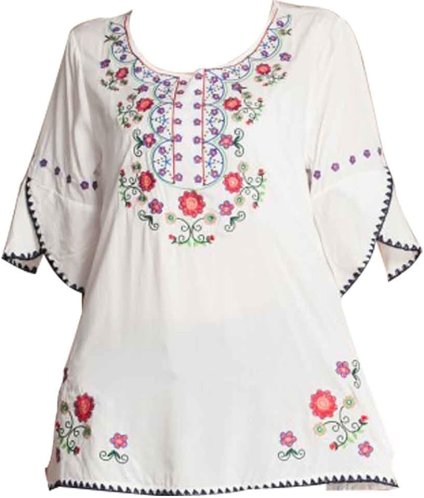 Mexican Shirts Peasant Blouses Cotton Embroidered 3/4 Sleeve Bohemian Tops Boho Clothes for Women Summer Fiesta