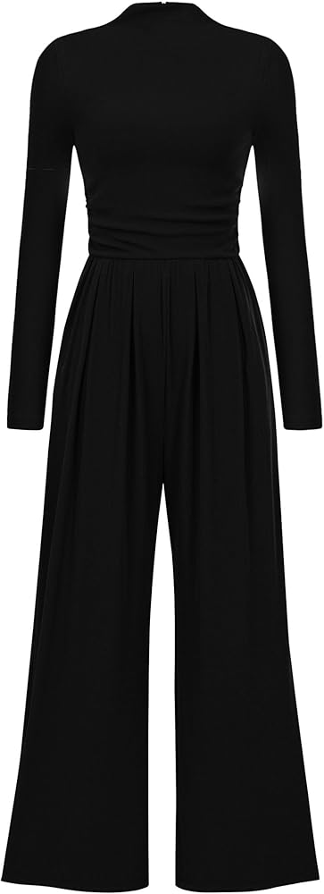 PRETTYGARDEN Women's Jumpsuit Dressy Casual One Piece Outfits Long Sleeve Mock Neck Wide Leg Pants Rompers