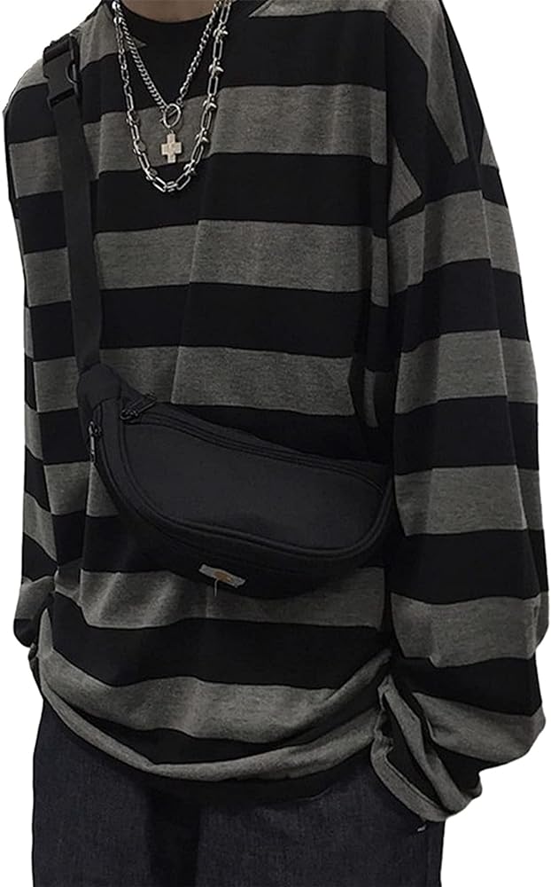 Women Harajuku Oversized Stripe Casual Long Sleeves Crewneck T-Shirt Tee Tops