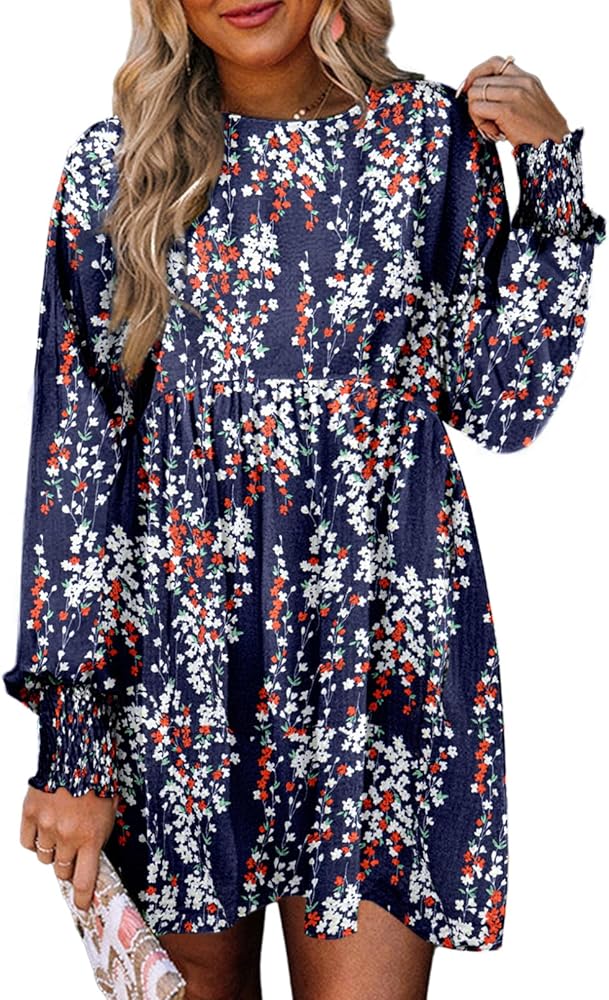 Dokotoo Fall Dresses for Women 2024 Casual Loose Floral Dress Long Sleeve Crew Neck Flowy Swing Mini Shift Dresses