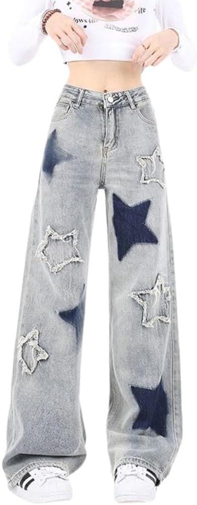 Cute Jeans for Women Girls Star Patchwork Pants Y2K High Waisted Straight Leg Baggy Jean Casual Preppy Clothes.