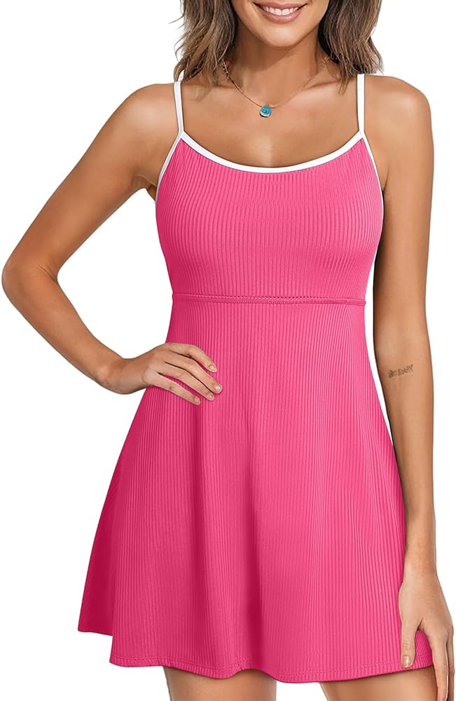 Aleumdr Women’s Ribbed One Piece Swimsuits Modest Swim Dress Tummy Control Adjustable Straps Bathing Suit with Pockets