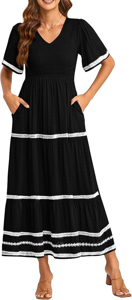 PRETTYGARDEN Women's Casual Summer Maxi Dress Short Sleeve Swiss Dot V Neck Smocked Long Flowy Beach Dresses