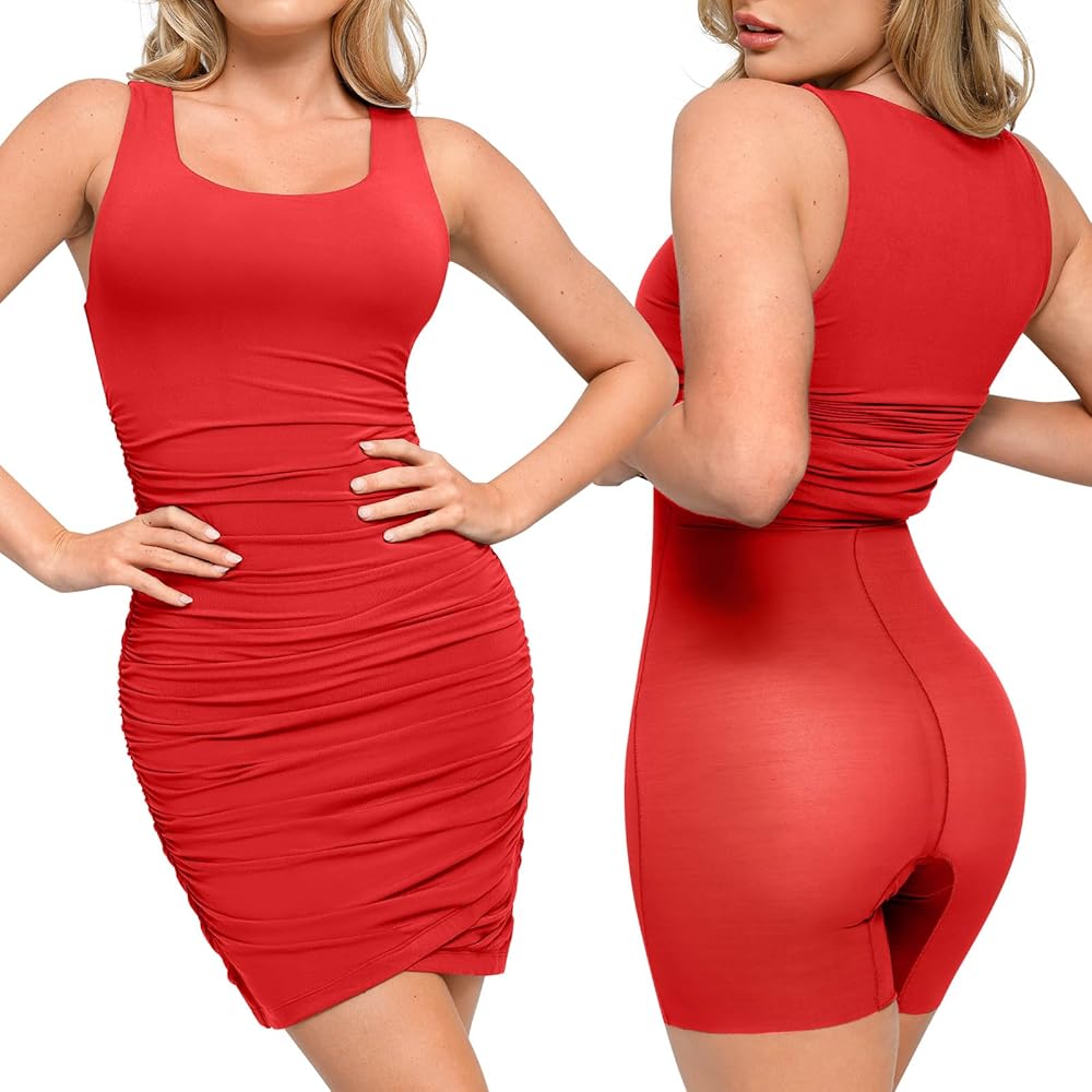 Popilush Shapewear Dress Ruched Dress Sleeveless Bodyson Dress Shaper Mini Dress for Women Summer Dress