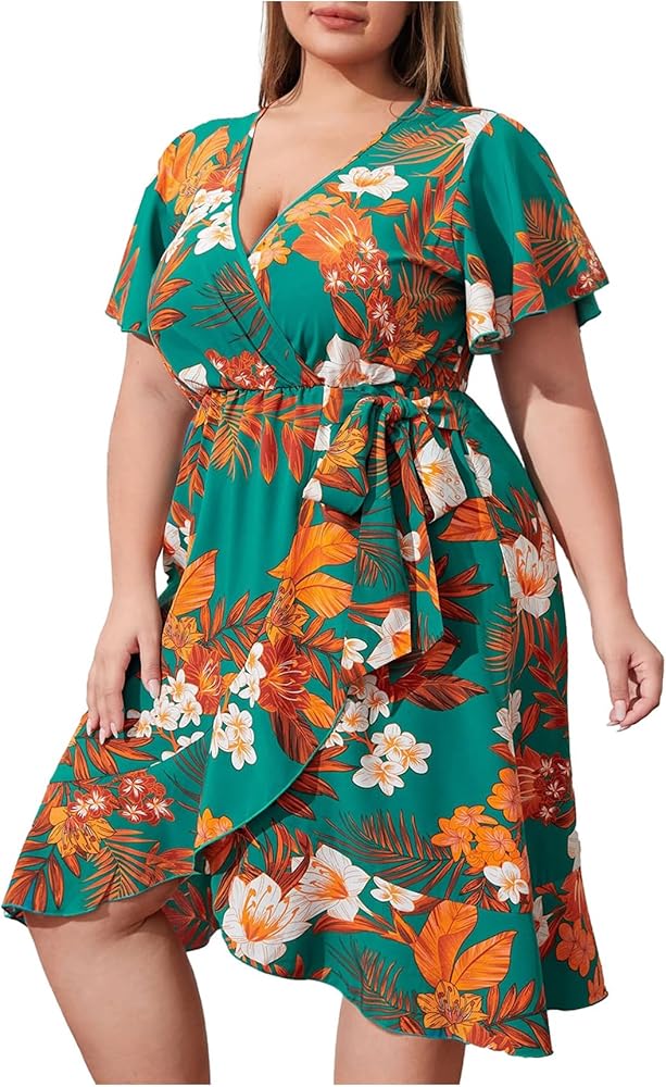 Floerns Women's Plus Size Floral Print Short Sleeve V Neck Ruffle Wrap Dress