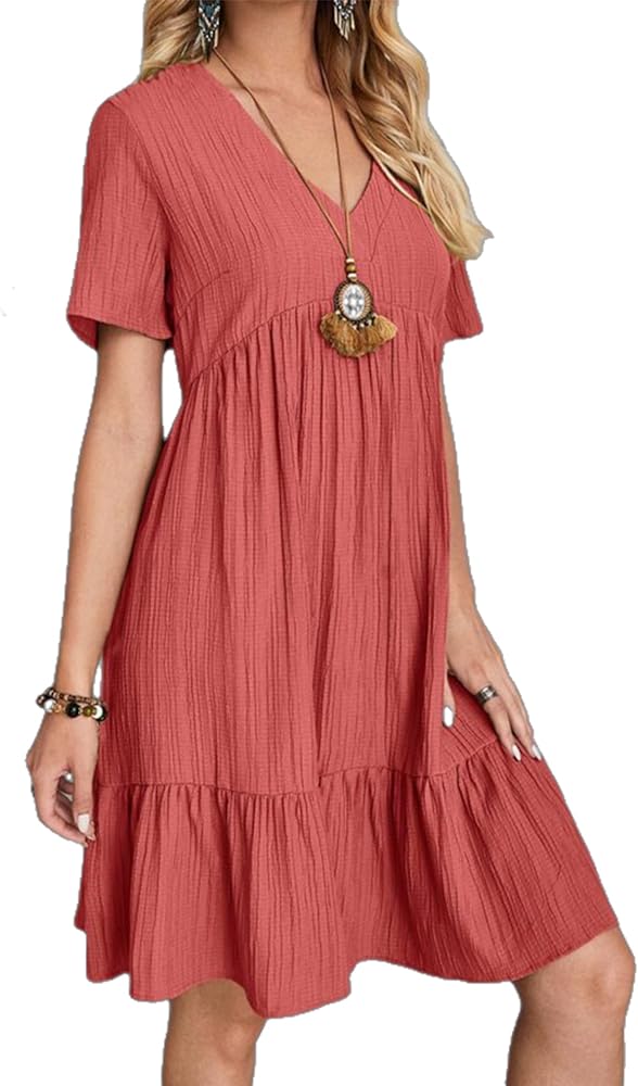 Women's Summer dresses Casual Midi Swing Short Sleeve V Neck Tiered A Line Flowy Beach Dress Sundress 2024