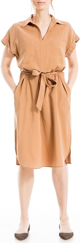 Max Studio Women's Tab Short Sleeve V-Neck Collar Dress with Waist Tie Detail