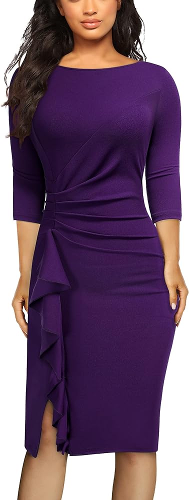 AISIZE Women's Retro 3/4 Sleeve Ruched Elegant Business Pencil Sheath Dress