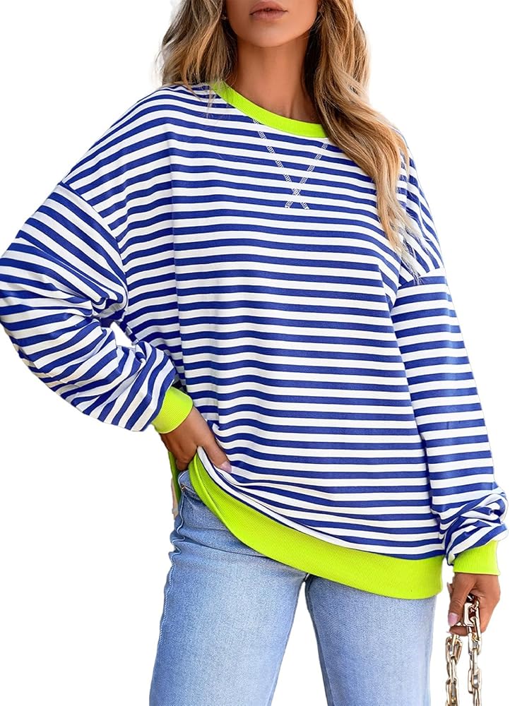 AlvaQ Womens Oversized Sweatshirt 2024 Casual Crewneck Long Sleeve Colorblock Striped Pullover Tunic Tops Outfits