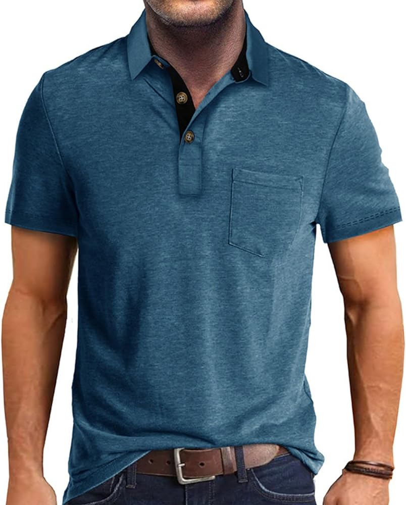 Men's Fashion Casual Polo Shirts Cotton Slim Fit Button Short Sleeve Basic Golf Work Tops