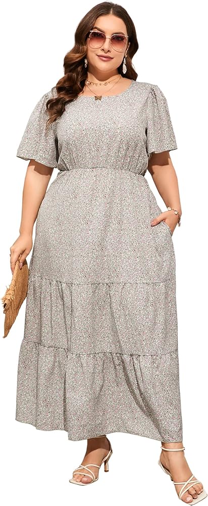 KOJOOIN Womens Plus Size Round Neck Short Flutter Sleeve Empire Waist Pleated Hem Boho Maxi Dress with Pockets