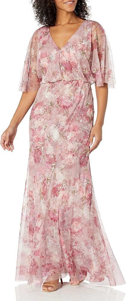 Adrianna Papell Women's Printed Beaded Mesh Long Gown