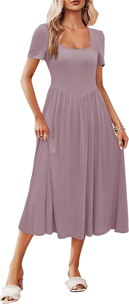 Newshows Women's Summer Midi Dress Square Neck Short Sleeve A Line Sundress Ribbed Flowy Beach Boho Dresses with Pockets