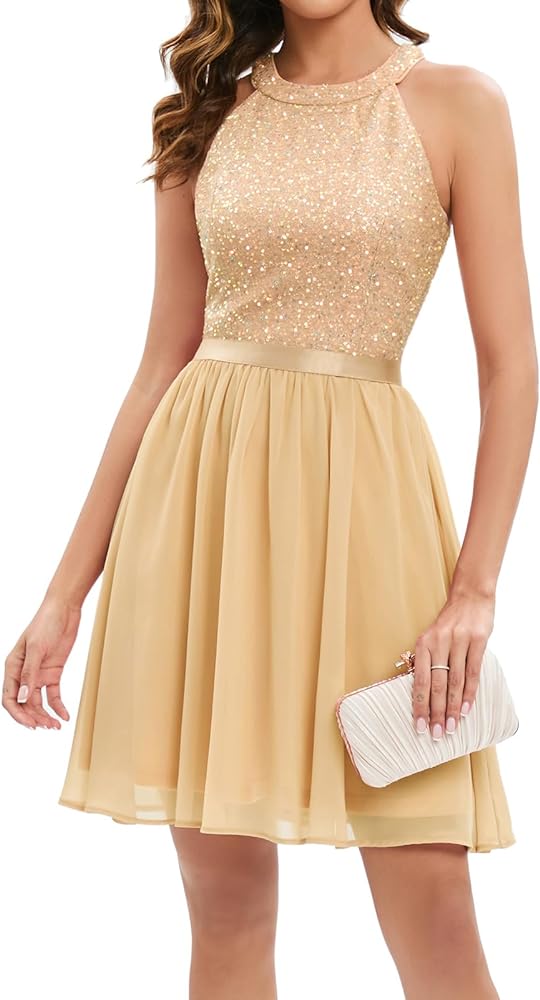 Bbonlinedress Sequin Halter Prom Dress for Women Party Night Elegant Wedding Bridesmaid Dresses