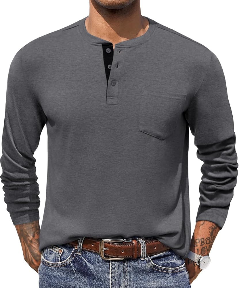 COOFANDY Men Long Sleeve Henley Shirs Soft Casual Basic T Shirts Soild Button Tees with Pockets